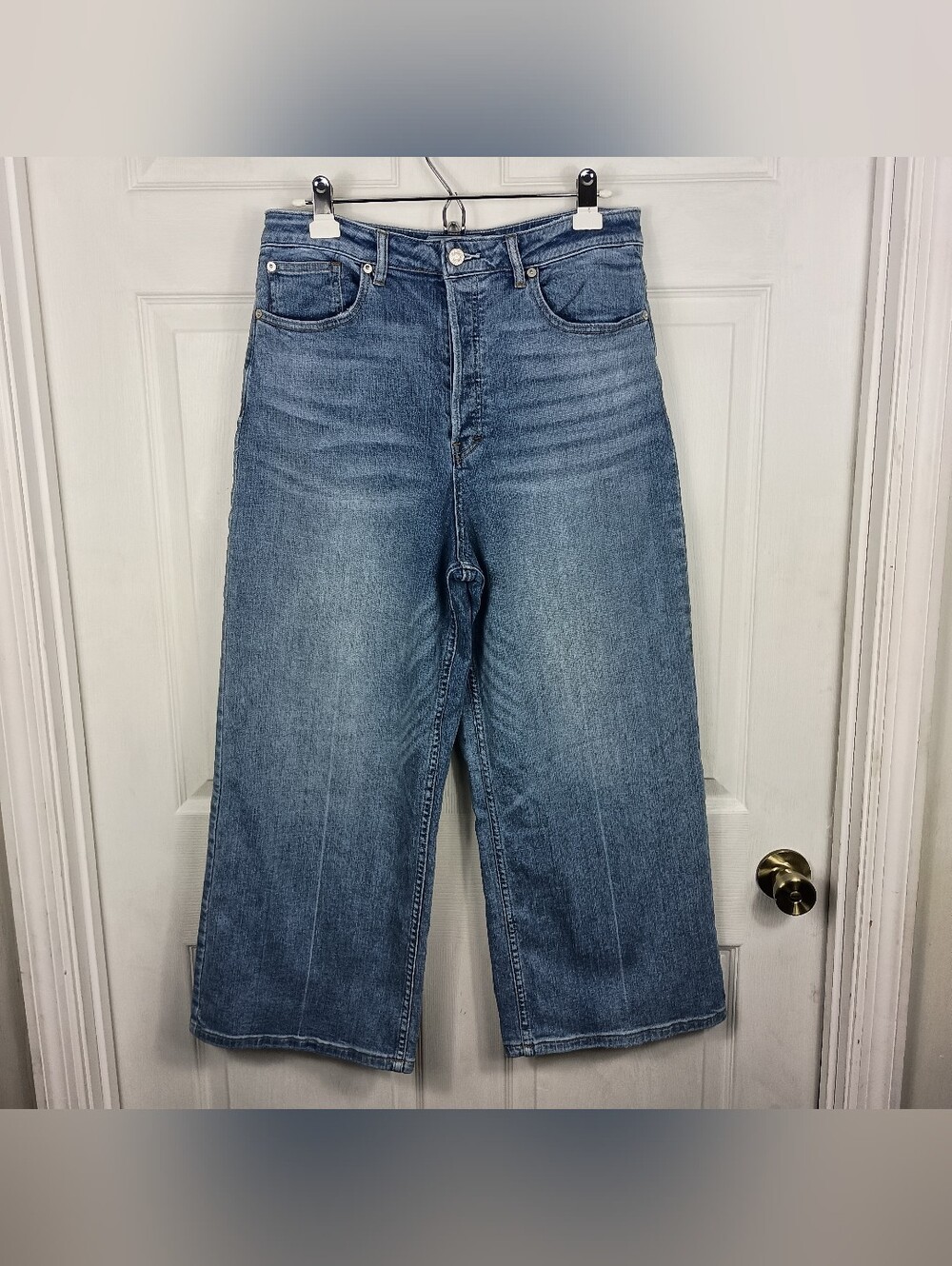 Free People Wide Leg Jeans 31 Womens Blue Denim High Rise Cropped Button Fly 26"